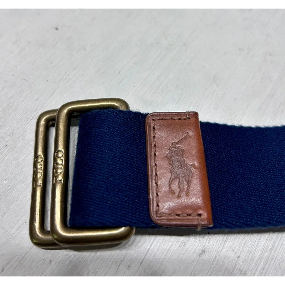 Polo Ralph Lauren Mens Navy Blue Webbing D-Ring Belt Leather Trim DNS4005 Size S